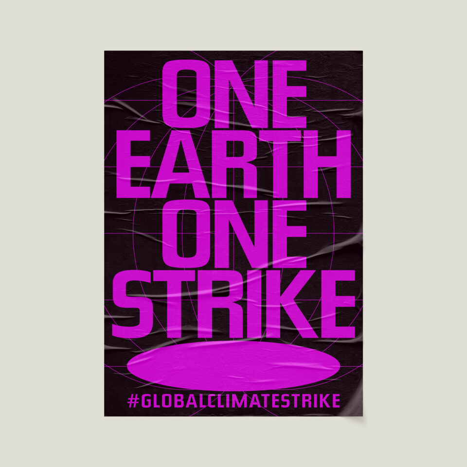 Büro Gestalten: Open Source Poster-Design zum selbst ausdrucken und individualisieren für #globalclimatestrike (One Earth One Strike, Schwarz auf Neonpink Affiche auf Beige)