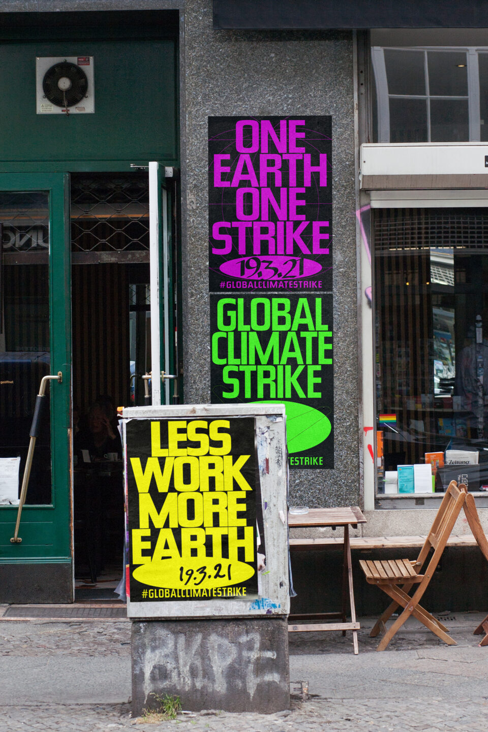 Büro Gestalten: Open Source Poster-Design zum selbst ausdrucken und individualisieren für #globalclimatestrike (3 Motive Straßen-Mockup, hochformatig)