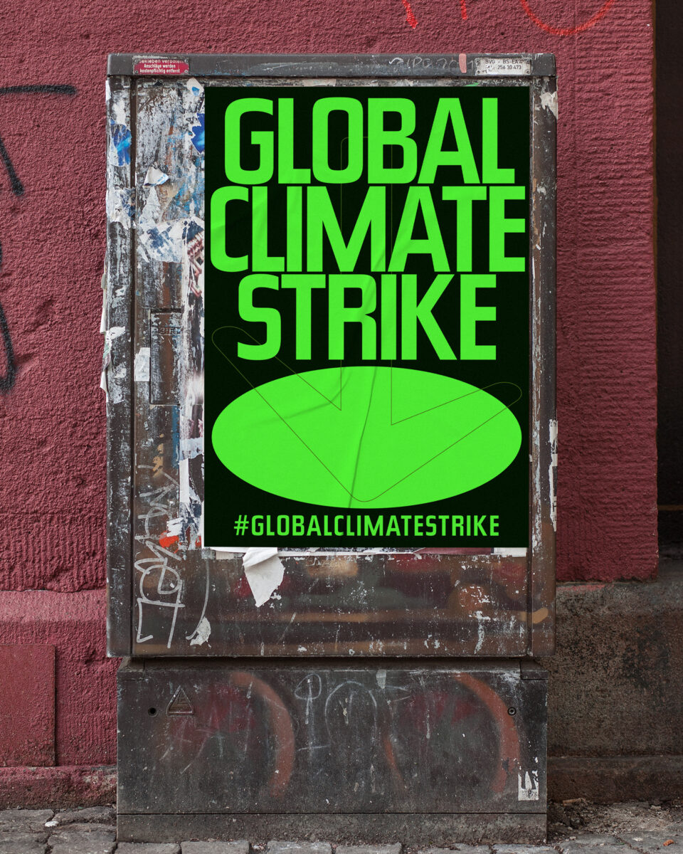 Büro Gestalten: Open Source Poster-Design zum selbst ausdrucken und individualisieren für #globalclimatestrike (Global Climate Strike, Schwarz auf Neongrün Affiche auf Stromkasten)