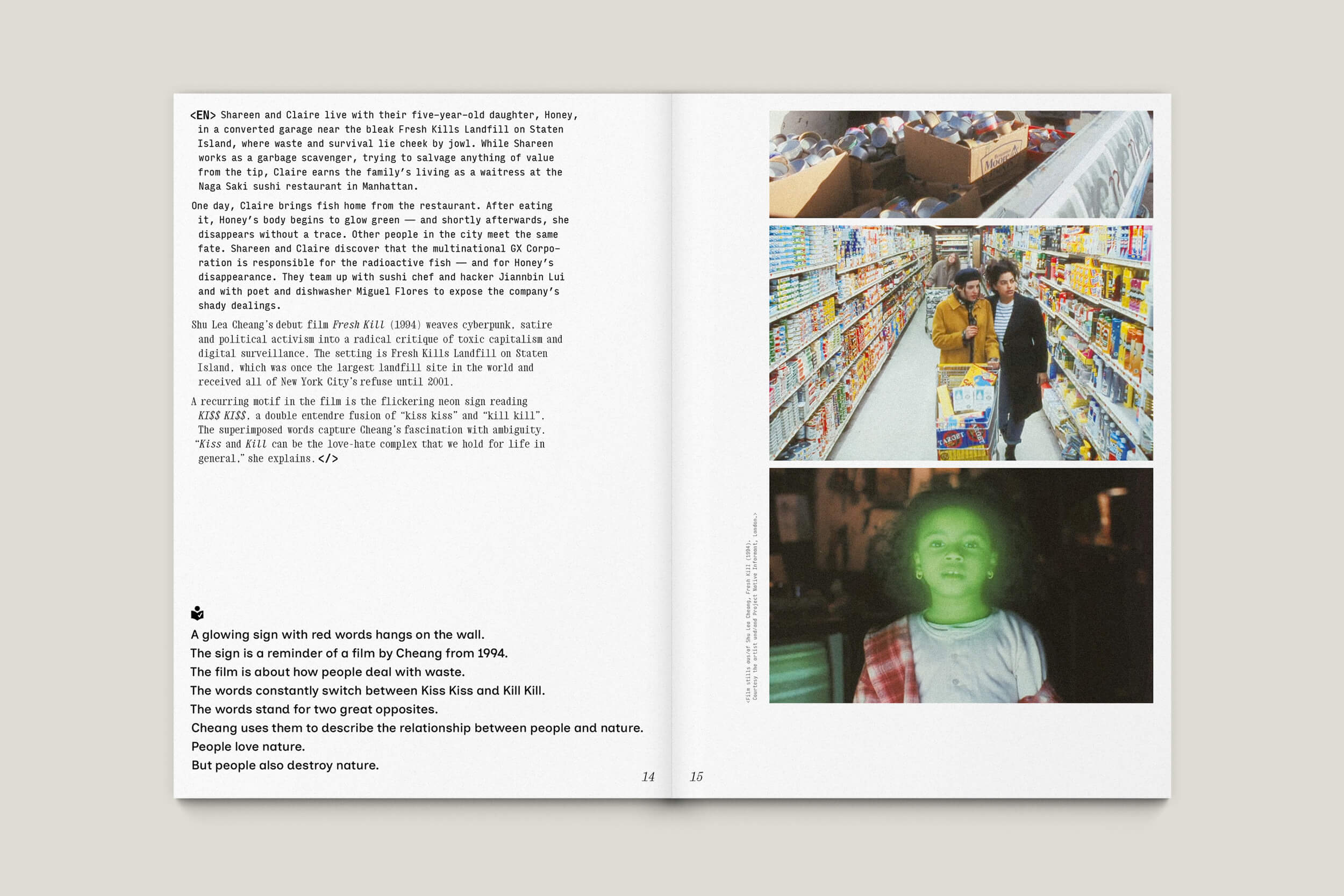 Büro Gestalten: Begleitheft zur Ausstellung »KI$$ KI$$« (Shu Lea Cheang, Ludwig Forum Aachen 2025/26), S. 14–15 des Booklets