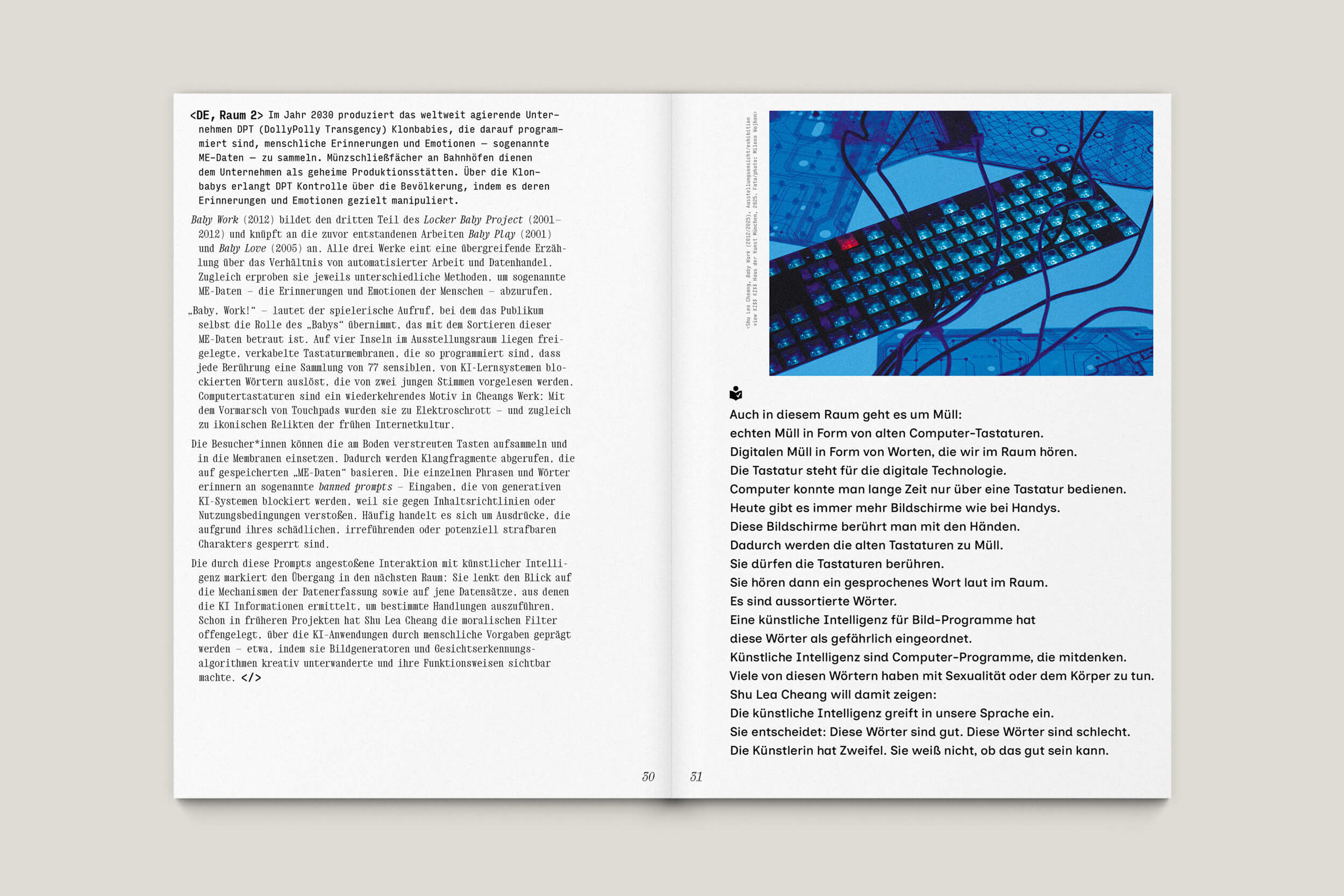 Büro Gestalten: Begleitheft zur Ausstellung »KI$$ KI$$« (Shu Lea Cheang, Ludwig Forum Aachen 2025/26), S. 30–31 des Booklets