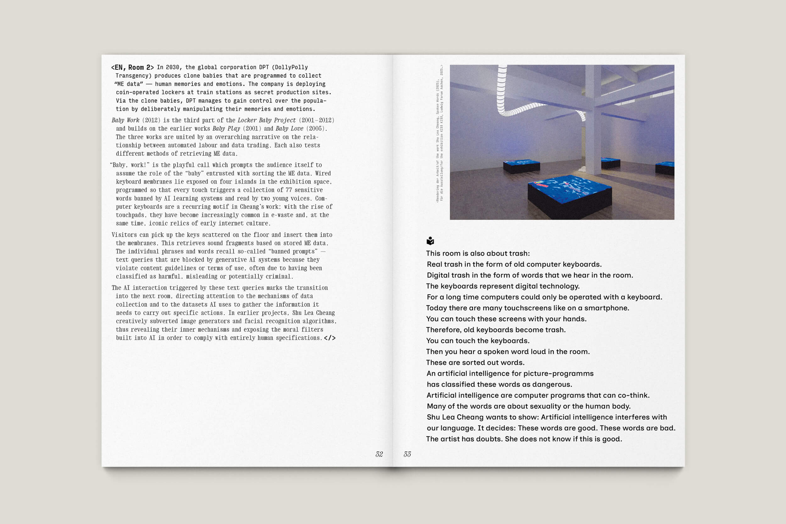 Büro Gestalten: Begleitheft zur Ausstellung »KI$$ KI$$« (Shu Lea Cheang, Ludwig Forum Aachen 2025/26), S. 32–33 des Booklets