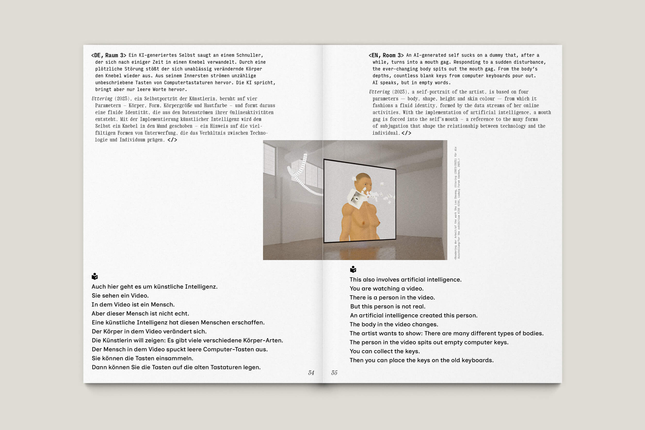 Büro Gestalten: Begleitheft zur Ausstellung »KI$$ KI$$« (Shu Lea Cheang, Ludwig Forum Aachen 2025/26), S. 34–35 des Booklets