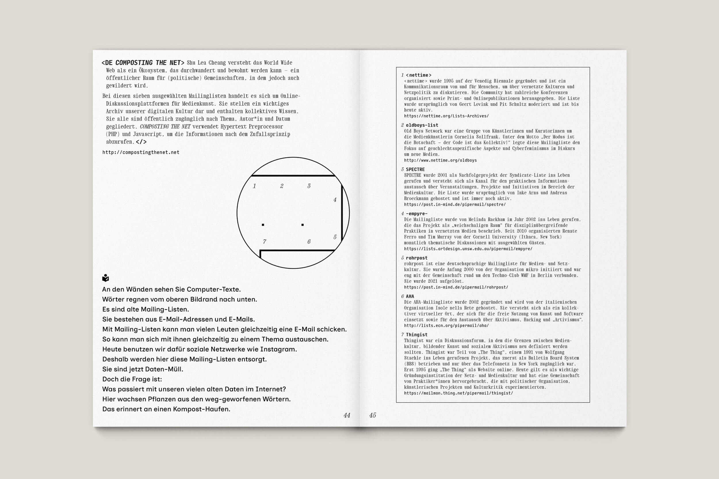 Büro Gestalten: Begleitheft zur Ausstellung »KI$$ KI$$« (Shu Lea Cheang, Ludwig Forum Aachen 2025/26), S. 44–45 des Booklets