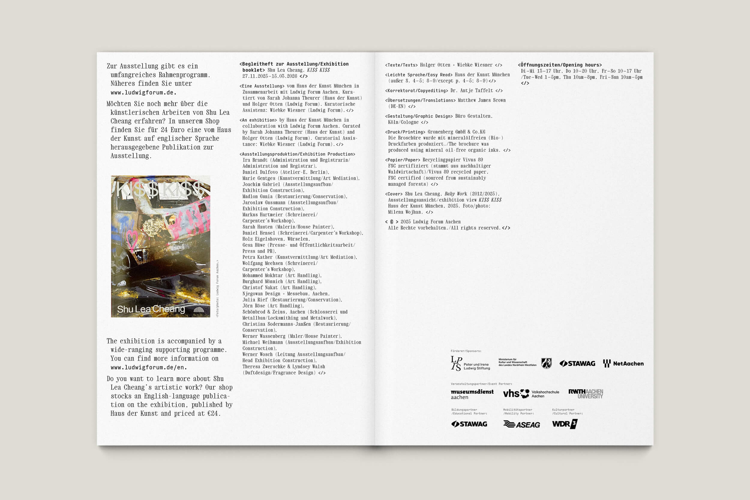 Büro Gestalten: Begleitheft zur Ausstellung »KI$$ KI$$« (Shu Lea Cheang, Ludwig Forum Aachen 2025/26), S. 48–49 des Booklets