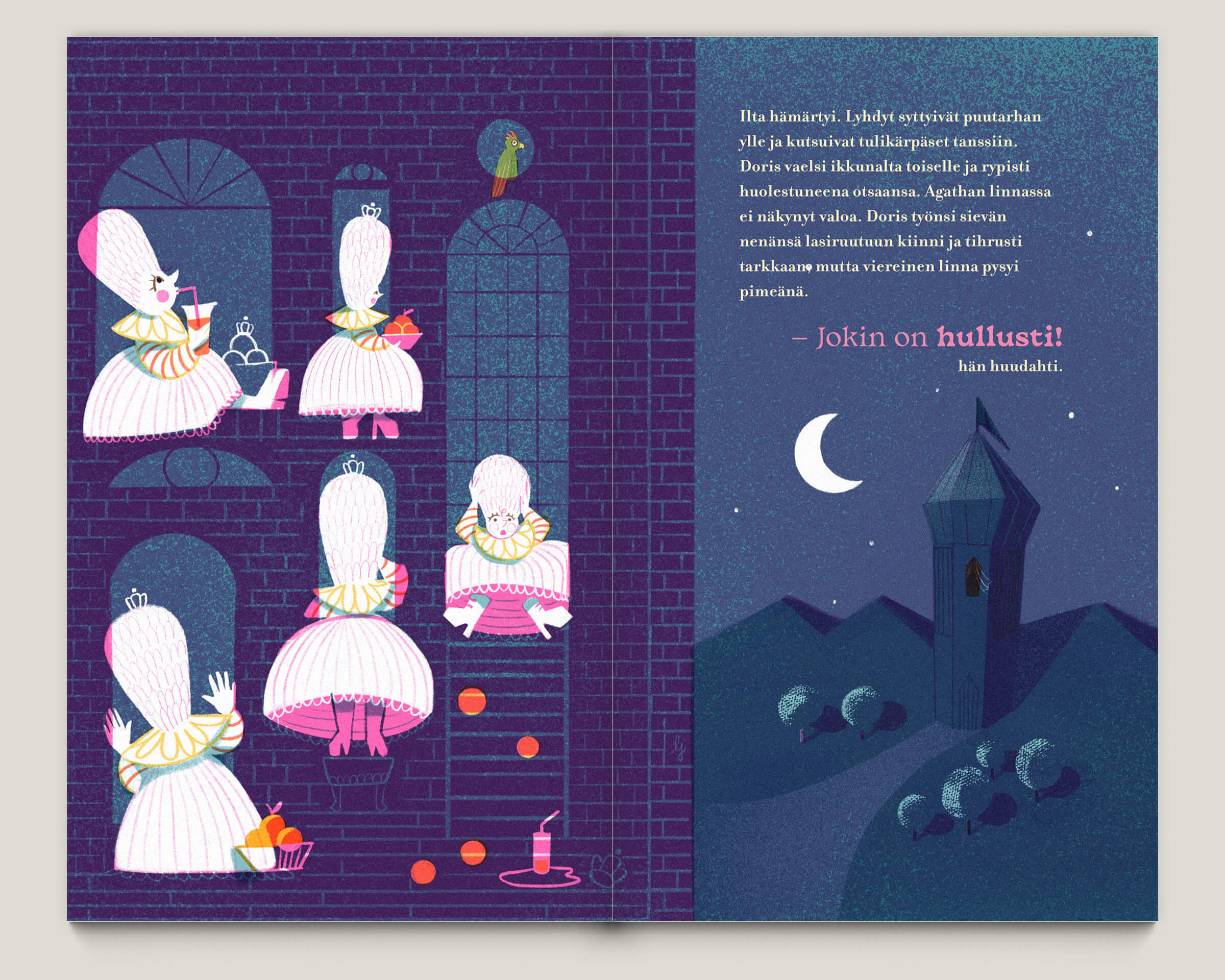 Büro Gestalten: Kolme Kuningatarta – Kinderbuch (S. 18–19, MU, Illustration: Luisa Jung, Text: Heidi Viherjuuri)