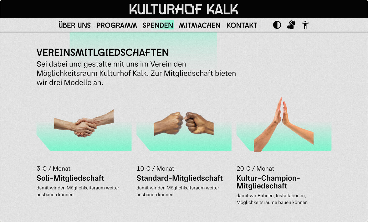 Büro Gestalten: Redesign Kulturhof Kalk, Mitlgliedschafts-Auswahlmenü auf Desktop