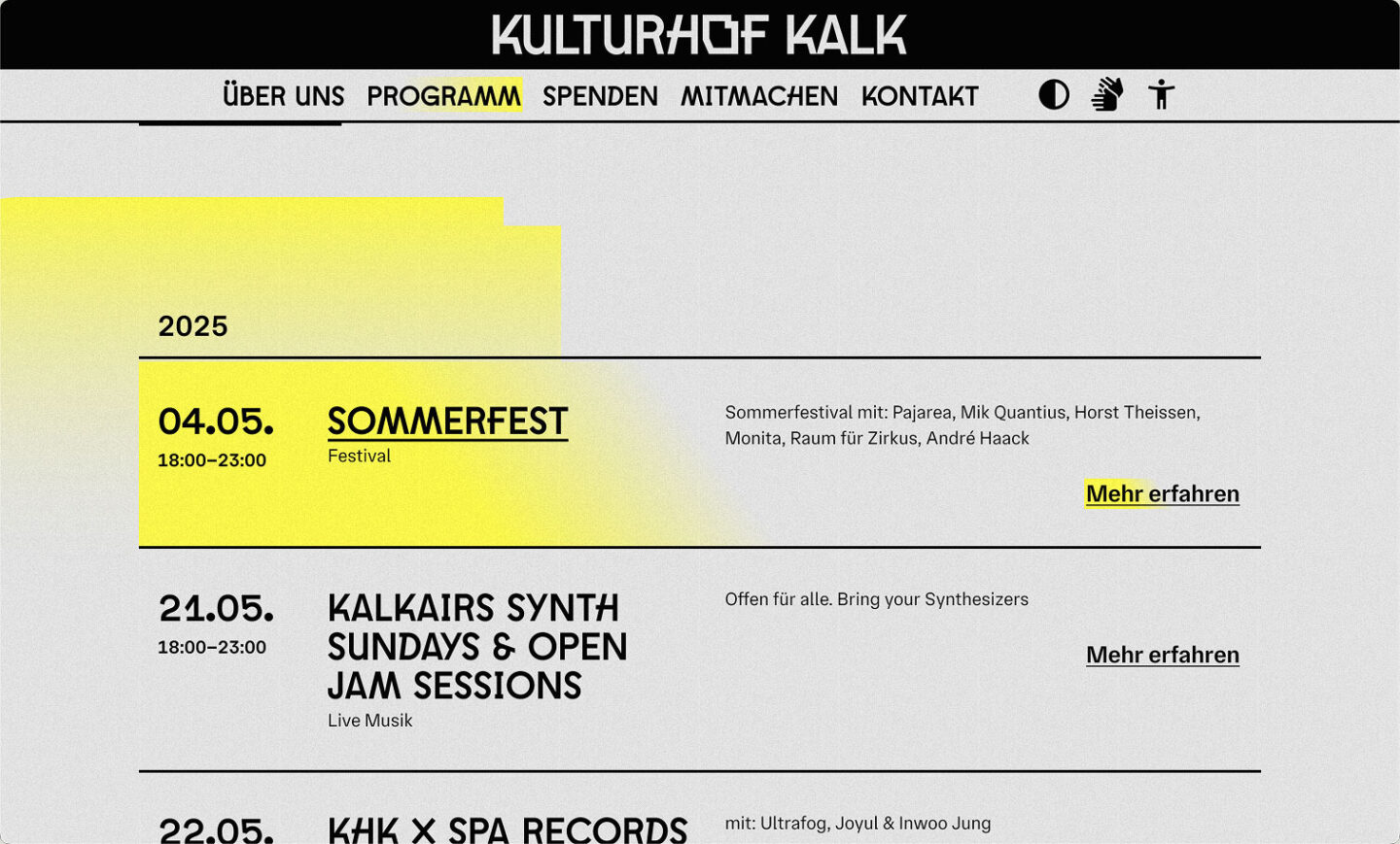 Büro Gestalten: Redesign Kulturhof Kalk, Veranstaltungsübersicht auf Desktop