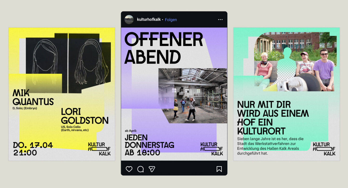 Büro Gestalten: Redesign Kulturhof Kalk, Social Media Asset Ansichten