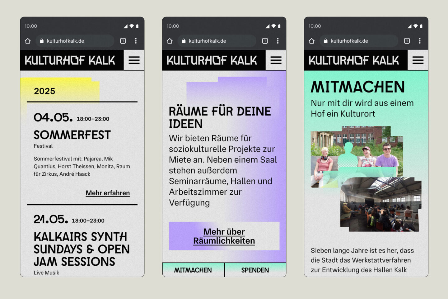Büro Gestalten: Redesign Kulturhof Kalk, Screenshots der mobilen Ansicht
