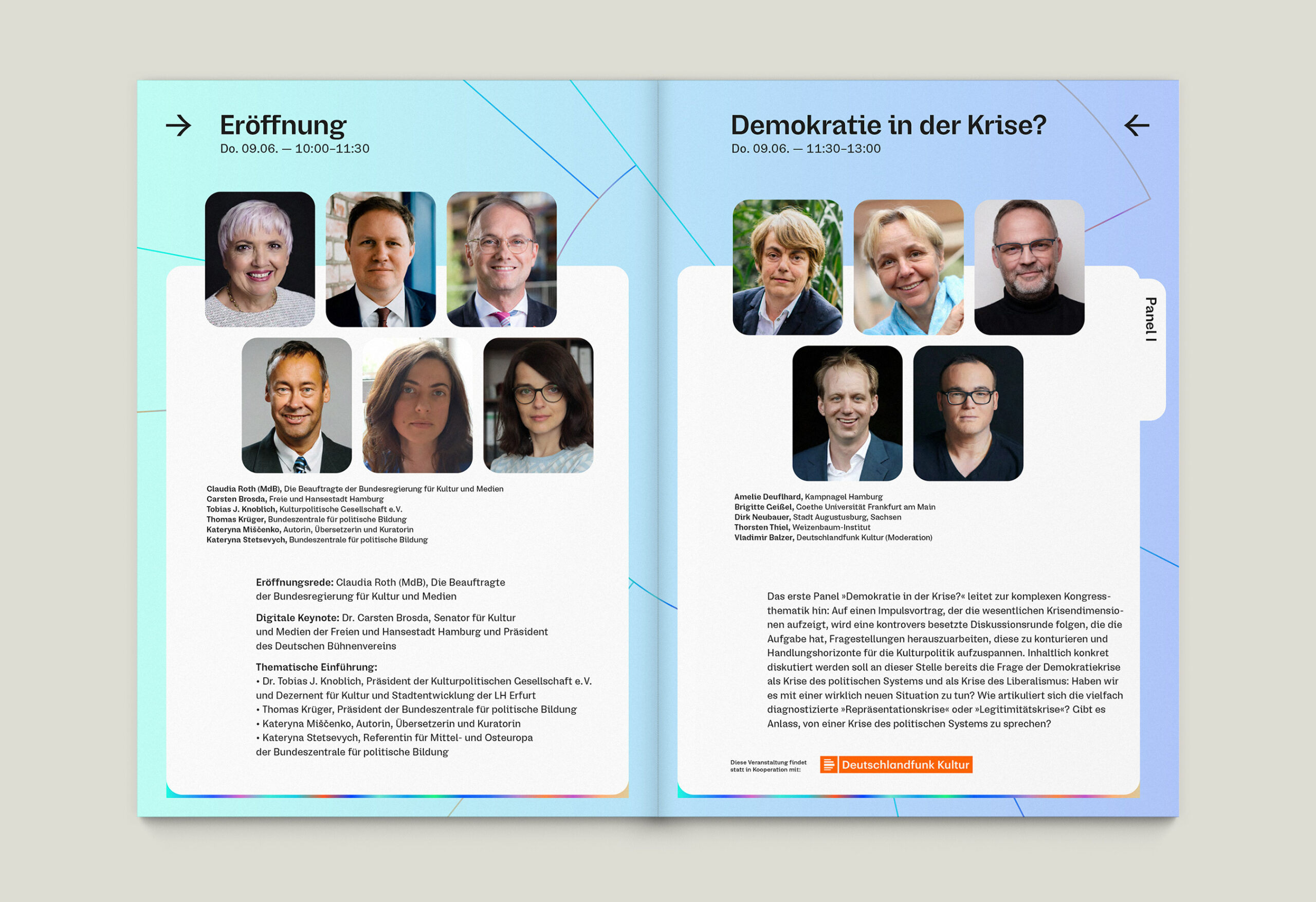 Büro Gestalten: Die Kunst der Demokratie Kongress-Corporate-Design (Programmheft, Eröffnung + Panel I, mockup)